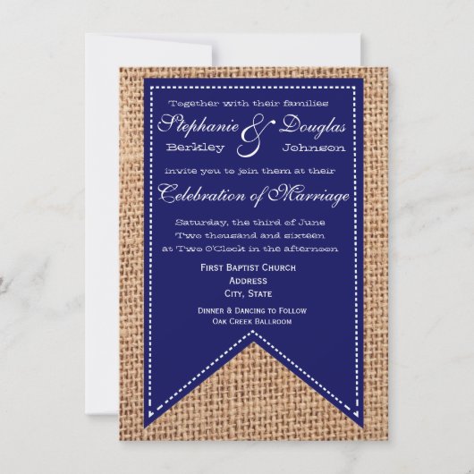 Burlap Print Blue Rustic Wedding Invitations Kaart (Voorkant)