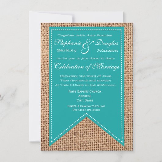 Burlap Print Turquoise Rustic Wedding Invitations (Devant)