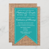 Burlap Print Turquoise Rustic Wedding Invitations Kaart (Voorkant / Achterkant)