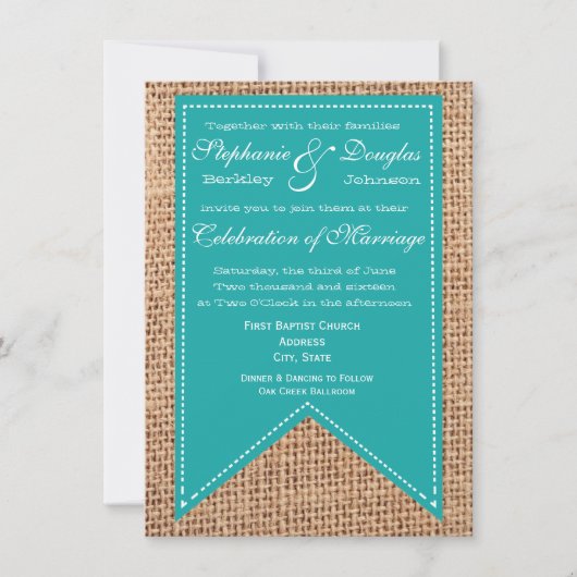 Burlap Print Turquoise Rustic Wedding Invitations Kaart (Voorkant)