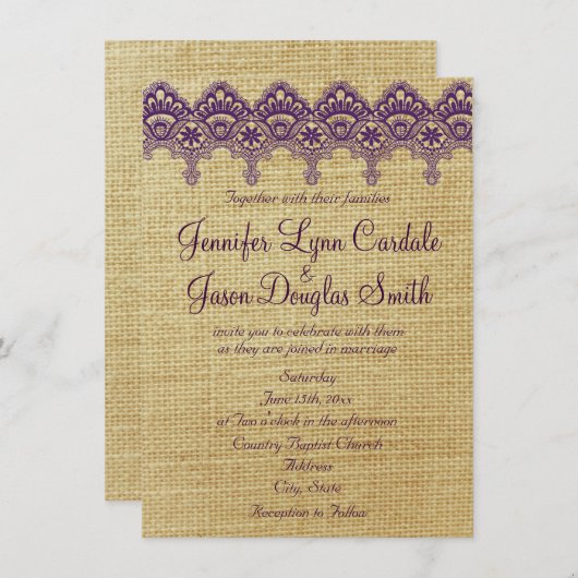 Burlap Purple Damask Lace Mariage Invitations (Devant / Derrière)