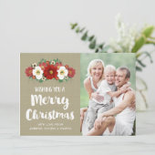 Burlap Red Floral Joyeux Carte photo de Noël (Debout devant)