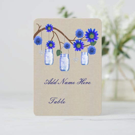 Burlap Rustic Blue Mason Jars Table Place Card Kaart (Staand voorkant)
