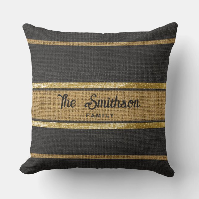 Burlap Rustic Brown Black Gold Custom Name Buitenkussen (Voorkant)
