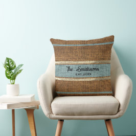 Burlap Rustic Brown Sage Green Custom Familienaam  Kussen