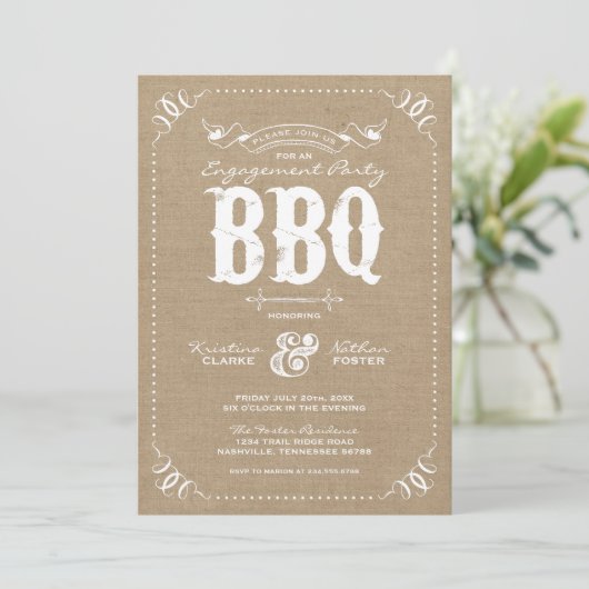 Burlap Rustic Engagement Party BBQ Invitation (Debout devant)