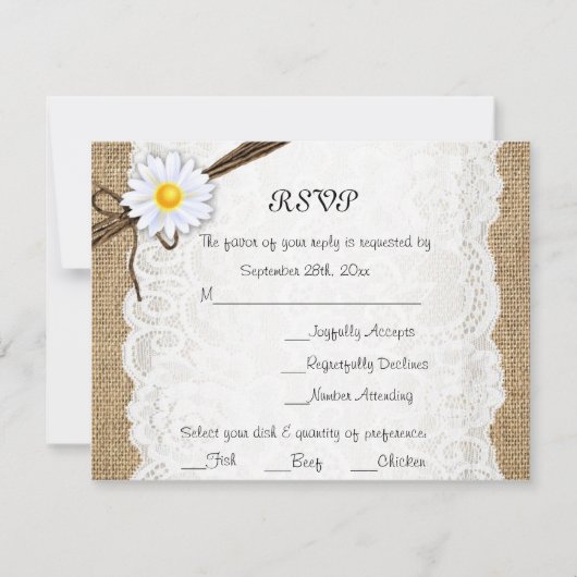 Burlap Rustic Lace Daisy Flower Wedding RSVP Kaart (Voorkant)