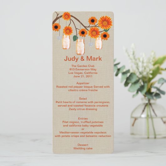 Burlap Rustic Oranje Mason Jars Menu Kaart (Staand voorkant)