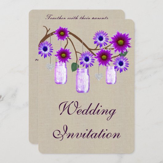 Burlap Rustic Paars Mason Jars Wedding Invitation Kaart (Voorkant / Achterkant)