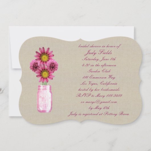 Burlap Rustic Pink Mason Jar Invitation Fête des m (Devant)