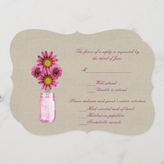 Burlap Rustic Pink Mason Jar Response Kaart (Voorkant / Achterkant)