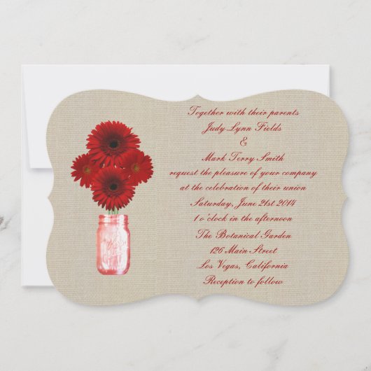 Burlap Rustic Red Mason Jar Wedding Invitation Kaart (Voorkant)