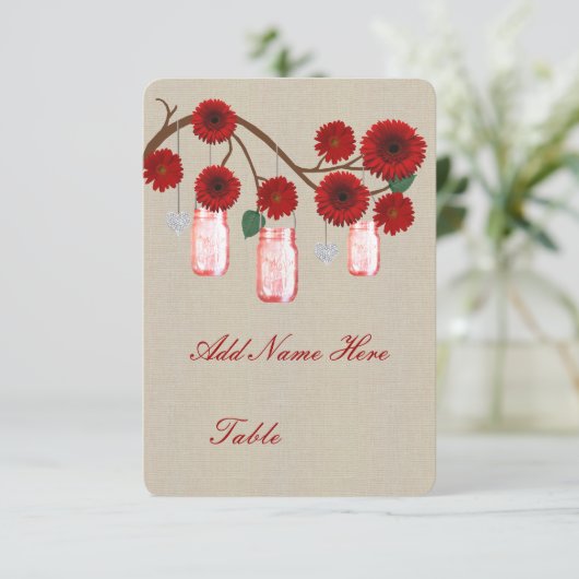 Burlap Rustic Red Mason Jars Table Place Card Kaart (Staand voorkant)