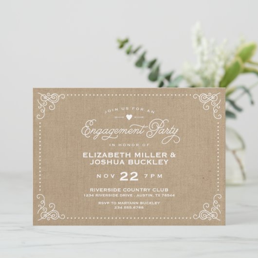 Burlap Rustic Script Engagement Party Invitation (Debout devant)