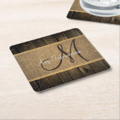  Burlap Rustic Wood Kijk Monogram Vierkante Kartonnen Onderzetter (Schuin)