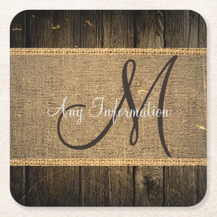  Burlap Rustic Wood Kijk Monogram Vierkante Kartonnen Onderzetter