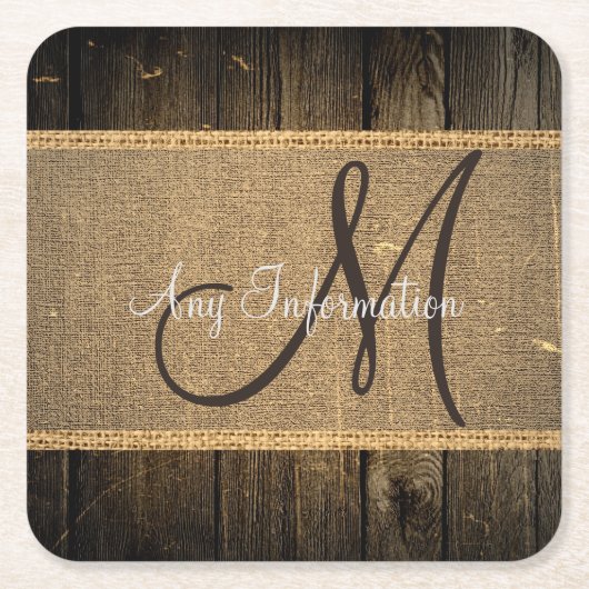  Burlap Rustic Wood Kijk Monogram Vierkante Kartonnen Onderzetter (Voorkant)