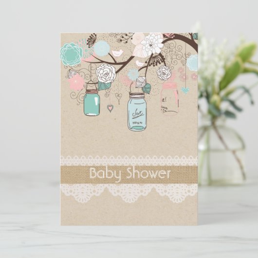 Burlap rustieke kant Mason Jar Baby shower uitnodi Kaart (Staand voorkant)