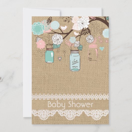 Burlap rustieke kant Mason Jar Baby shower uitnodi Kaart (Voorkant)