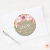 Burlap rustieke roze bloemenmonogram bruiloft Labe Ronde Sticker (Envelop)