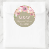 Burlap rustieke roze bloemenmonogram bruiloft Labe Ronde Sticker (Tas)