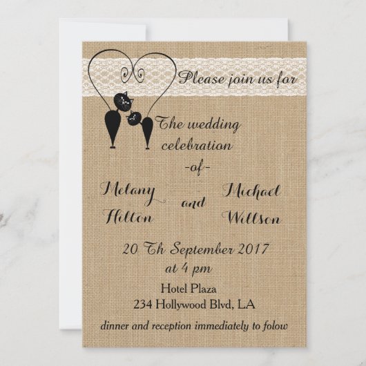 Burlap rustige, grappige katten uit liefde bruilof kaart (Voorkant)