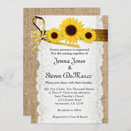 Burlap Rustique, Dentelle, Faire-part de mariage S (Devant / Derrière)