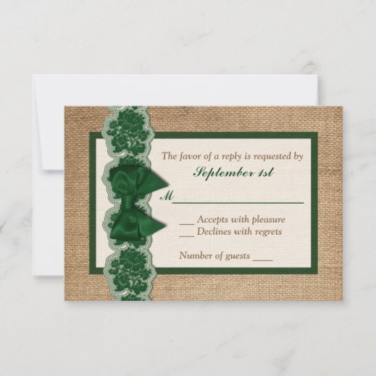 Burlap Rustique, Dentelle IMPRIMÉE, Carte RSVP de (Devant)