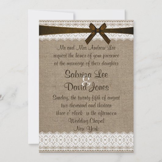 Burlap rustique et Faire-part de mariage de dentel (Devant)