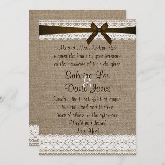 Burlap rustique et Faire-part de mariage de dentel (Devant / Derrière)