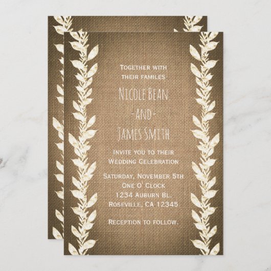 Burlap Rustique & Invitations de mariage Feuille (Devant / Derrière)