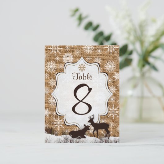Burlap Rustique, Snowflakes, Carte Numéro De Table (Debout devant)
