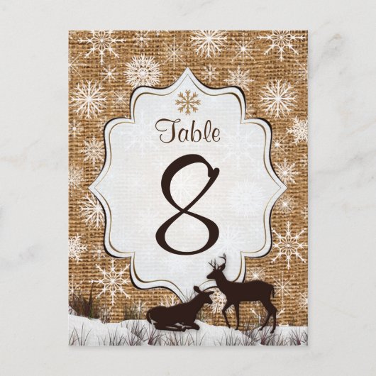 Burlap Rustique, Snowflakes, Carte Numéro De Table (Devant)