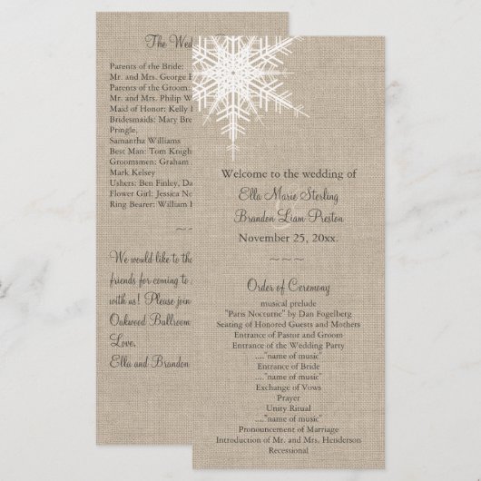Burlap Snowflake Wedding Program Programma (Voorkant / Achterkant)