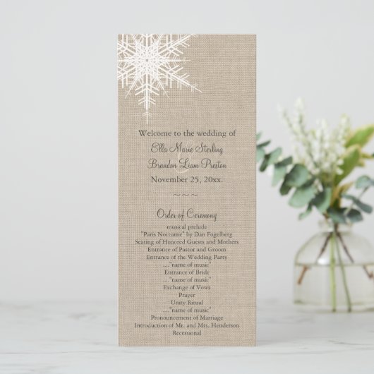 Burlap Snowflake Wedding Program Programma (Staand voorkant)