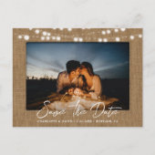 Burlap String Lights Trouwfoto Sla de datum op Aankondigingskaart (Voorkant)