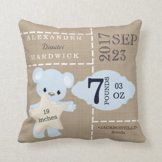 Burlap Teddy Bear Blue Birth Stats Keepomwille Kussen