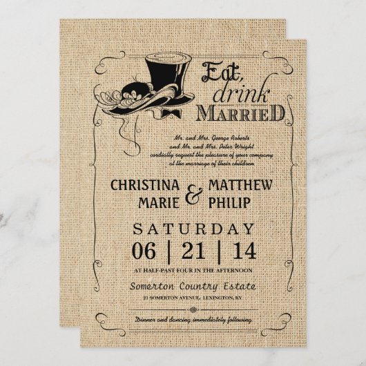 Burlap top-hat bruiloft uitnodigingen (Voorkant / Achterkant)