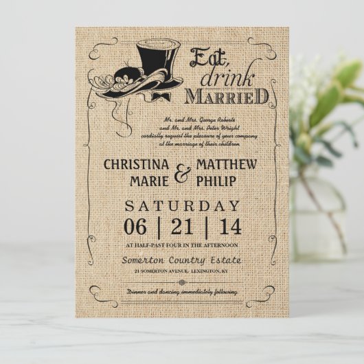 Burlap top-hat bruiloft uitnodigingen (Staand voorkant)