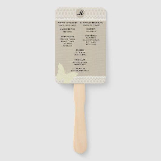 Burlap vlinder kant monogram bruiloft programma handwaaier (Achterkant)