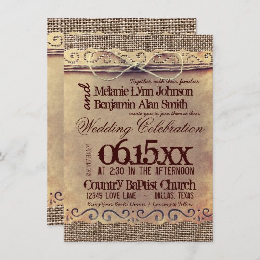  Burlap Wedding-uitnodigingen in het Rustische lan Kaart (Voorkant / Achterkant)