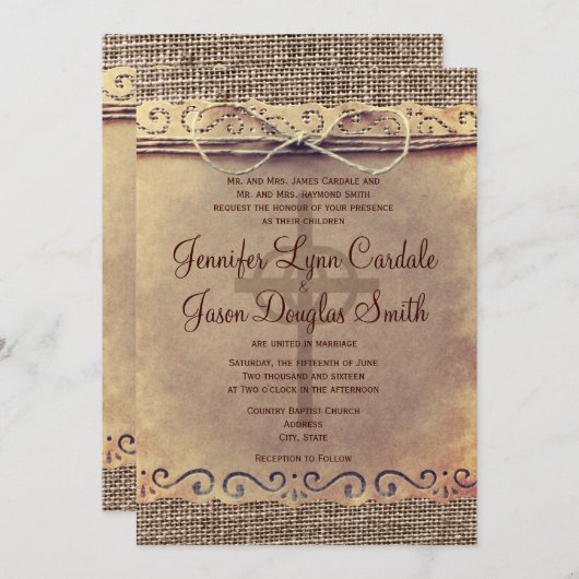 Burlap Wedding-uitnodigingen in het Rustische lan Kaart (Voorkant / Achterkant)