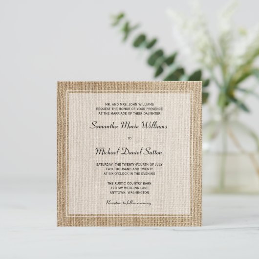 Burlap White Border Wedding Invitations Kaart (Staand voorkant)