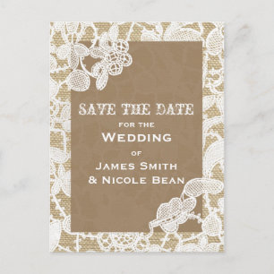 Burlap & White Floral Lace Rustic Save the Date Aankondigingskaart
