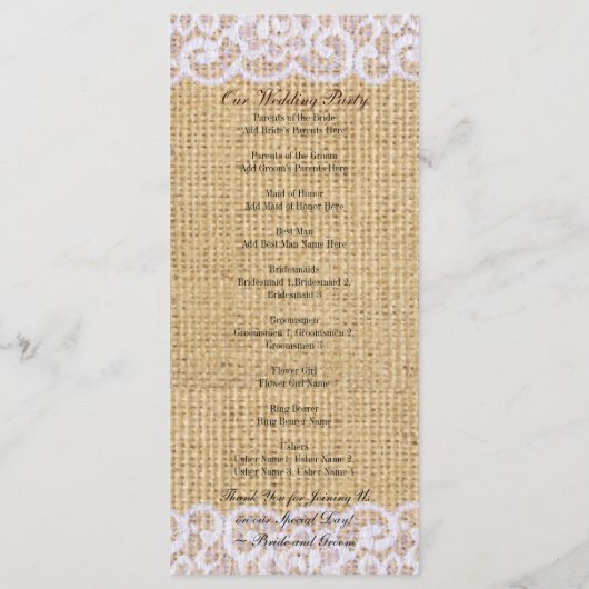 Burlap White Lace Country Rustiek Trouwprogramma Programma (Achterkant)