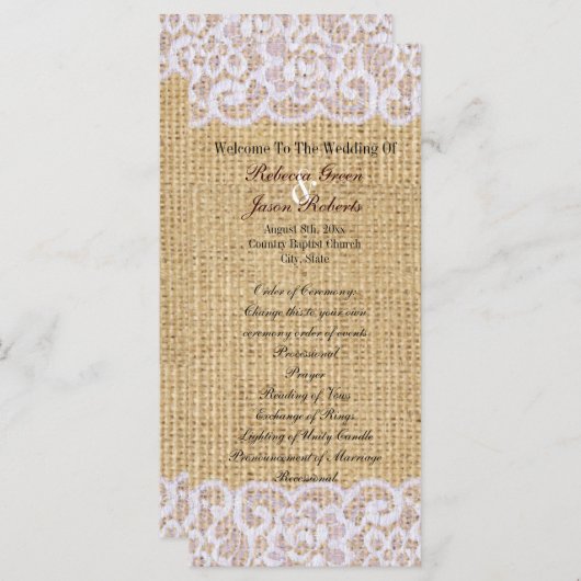 Burlap White Lace Country Rustiek Trouwprogramma Programma (Voorkant / Achterkant)
