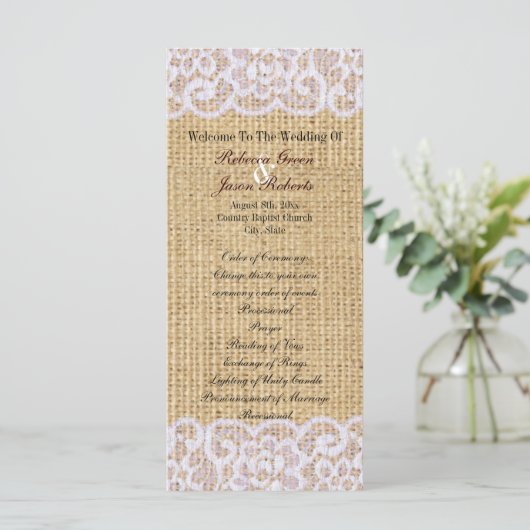 Burlap White Lace Country Rustiek Trouwprogramma Programma (Staand voorkant)
