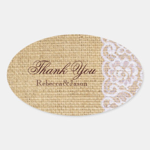 burlap wit kant land rustieke bruiloft dank u ovale sticker