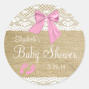 Burlap, witte kant, roze strik Baby shower Ronde Sticker