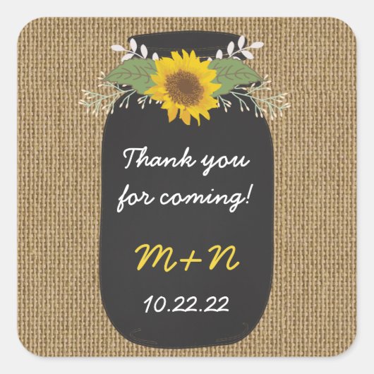 Burlap Zonnebloemen Chalk Mason Jar dank u gunst Vierkante Sticker (Voorkant)